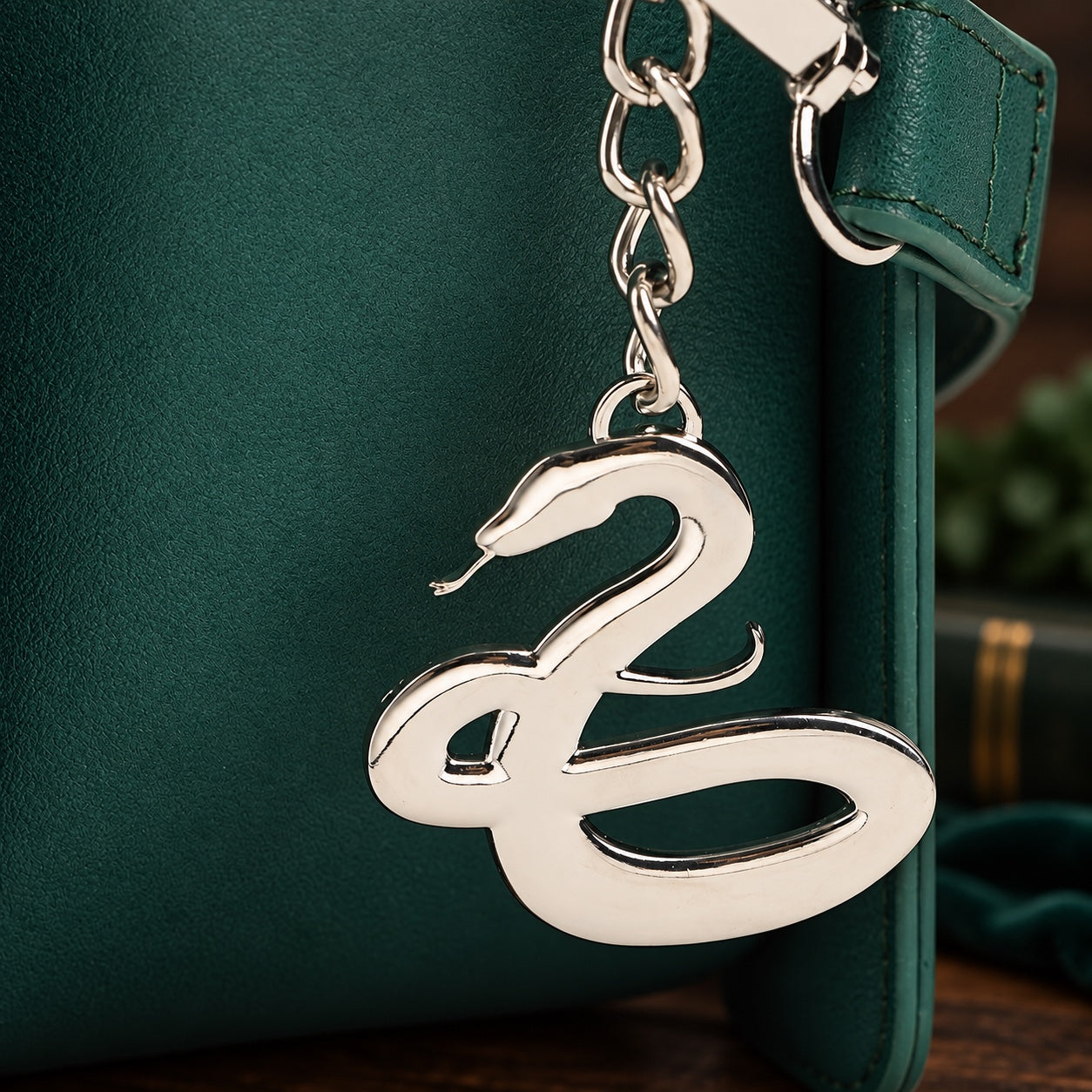 Dettaglio charm metallico a forma di serpente Serpeverde