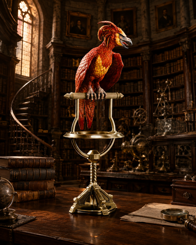 Fawkes la Fenice di Silente con posatoio dorato - vista frontale