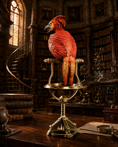 Fawkes la Fenice di Silente con posatoio dorato - vista posteriore