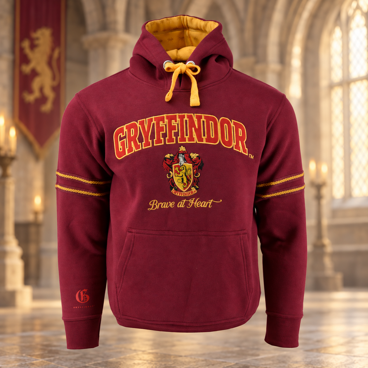 Felpa premium Harry Potter Grifondoro ricamata con cappuccio decorato