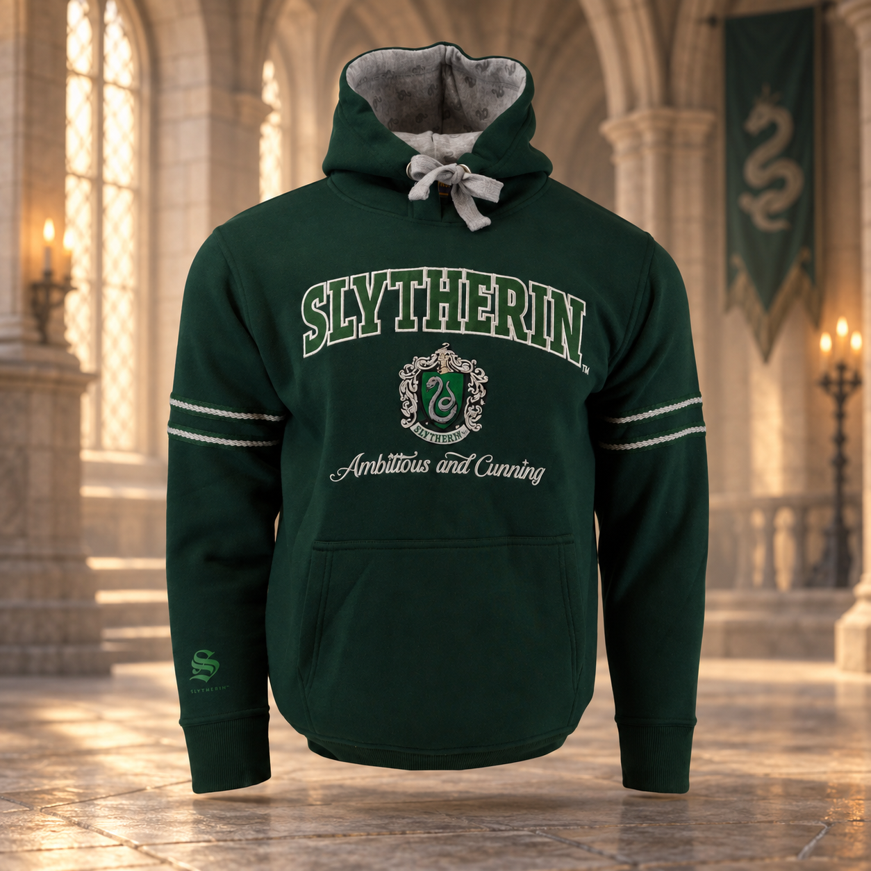 Felpa premium Harry Potter Serpeverde Slytherin ricamata con cappuccio decorato