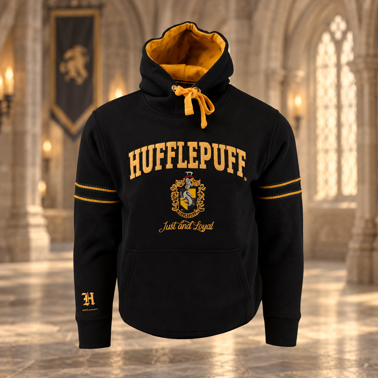 Felpa premium Harry Potter Tassorosso Hufflepuff ricamata con cappuccio decorato