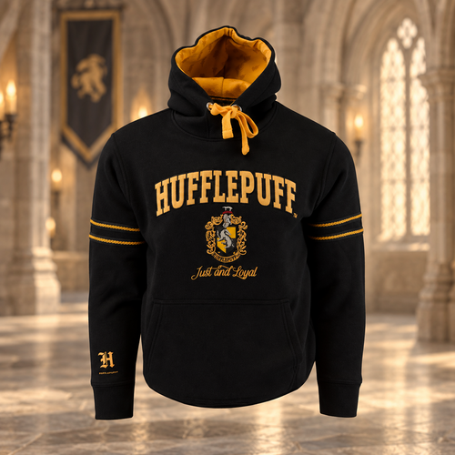 Felpa premium Harry Potter Tassorosso Hufflepuff ricamata con cappuccio decorato