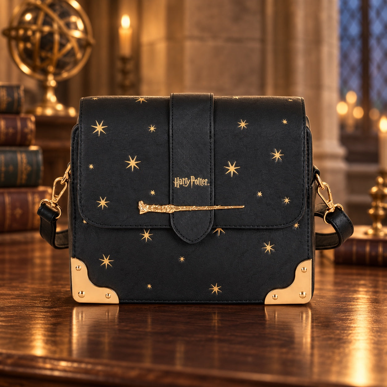 Borsa a tracolla Harry Potter nera con decorazioni dorate – foto ambientata