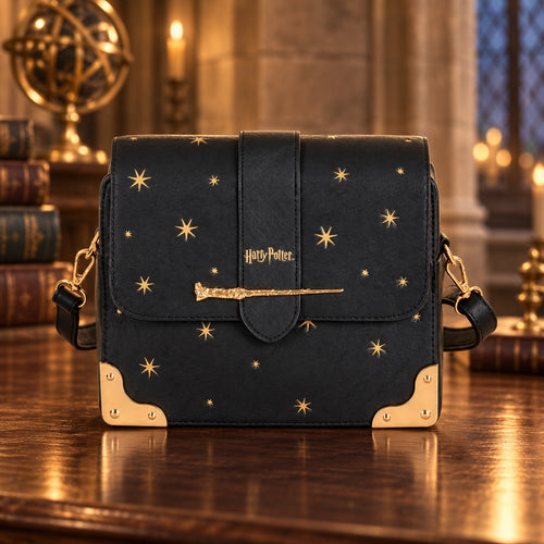 Borsa a tracolla Harry Potter nera con decorazioni dorate – foto ambientata