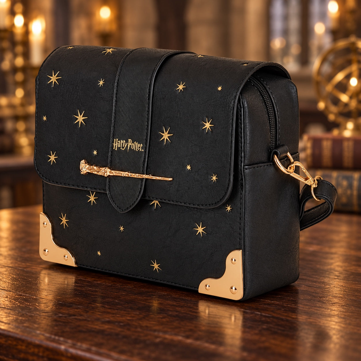 Borsa a spalla Harry Potter con stelle e dettagli dorati – vista a tre quarti