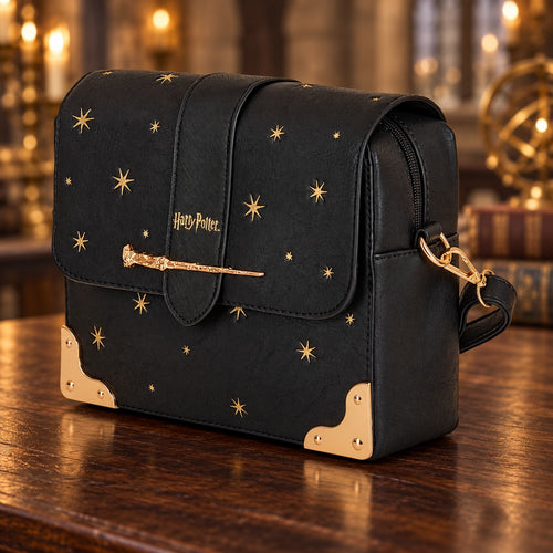 Borsa a spalla Harry Potter con stelle e dettagli dorati – vista a tre quarti